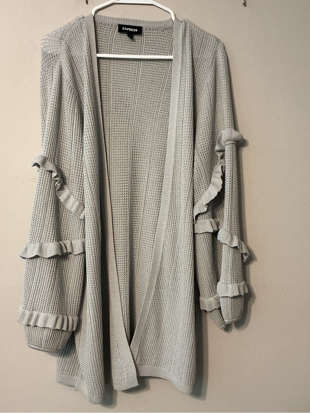 Express Light Gray Open-Front Ruffle-Sleeve Cardigan - Picture 3 of 10